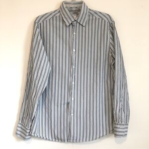 Claiborne Luxe Mens white blue Striped Silk Cotton Blend Button Down Shirt